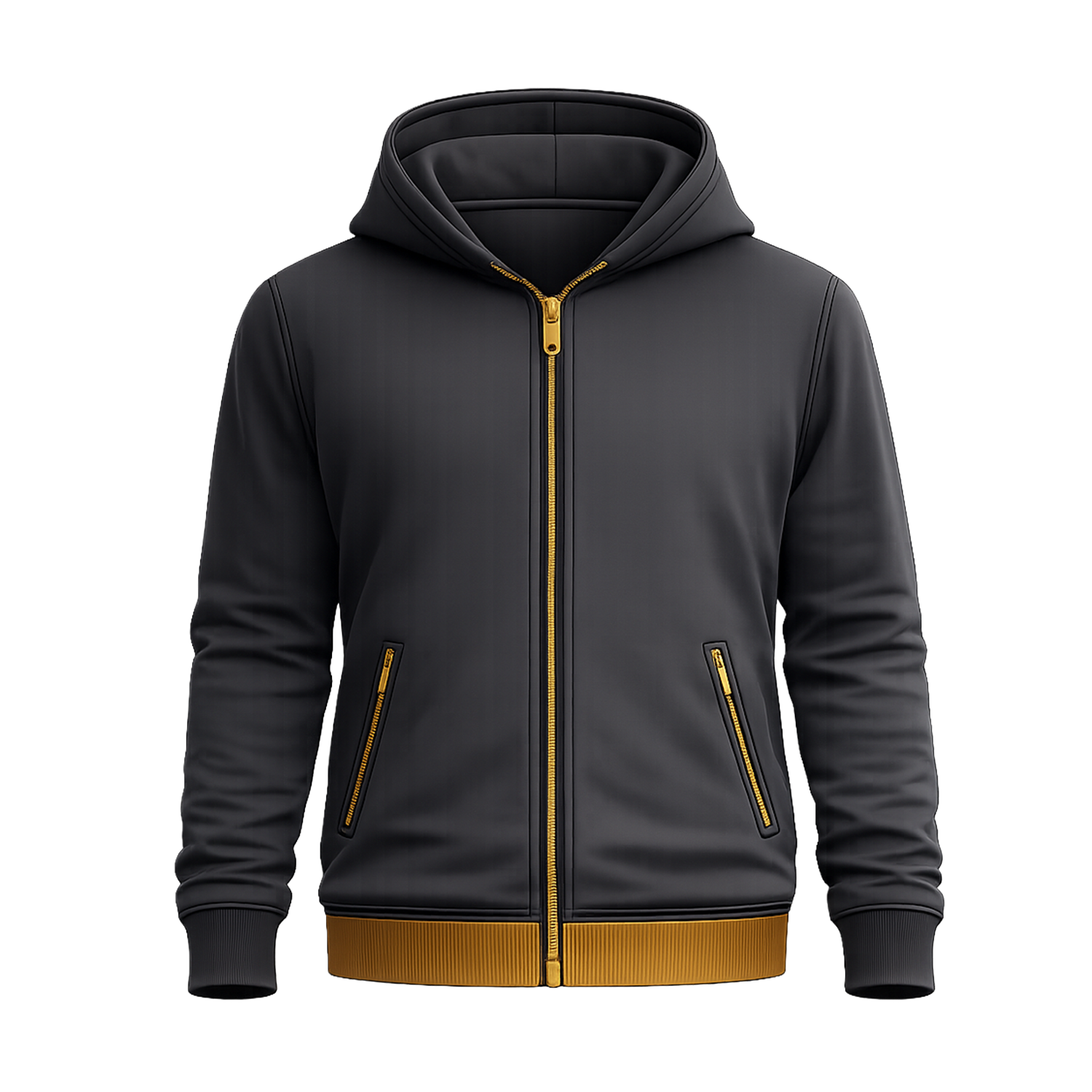 Charcoal zip hoodie with gold zipper and waistband, minimal front design, True Poet apparel