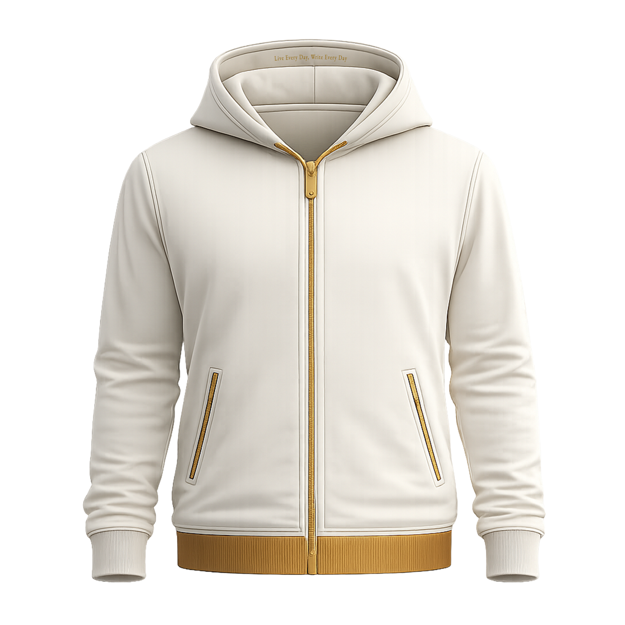 EXIST Cream Zip Hoodie by True Poet featuring gold detailing and minimalist structure