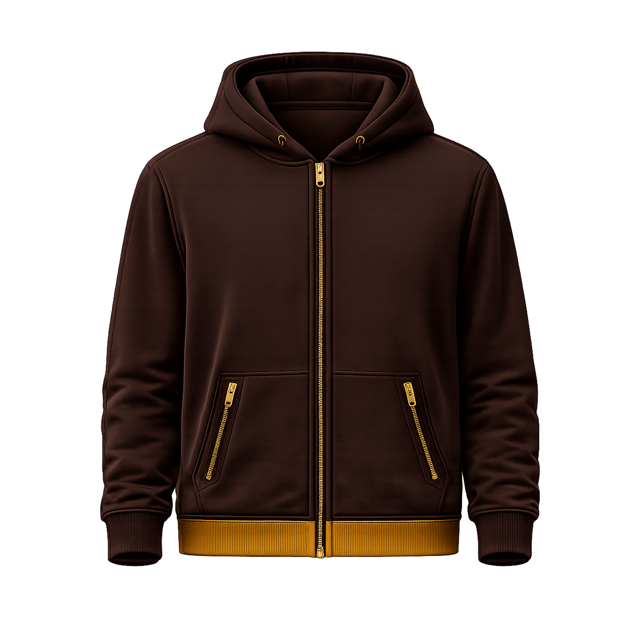 Front view of the Espresso Noir Definition Zip Hoodie by True Poet featuring tonal structure, gold zipper hardware, and minimalist signature detailing.